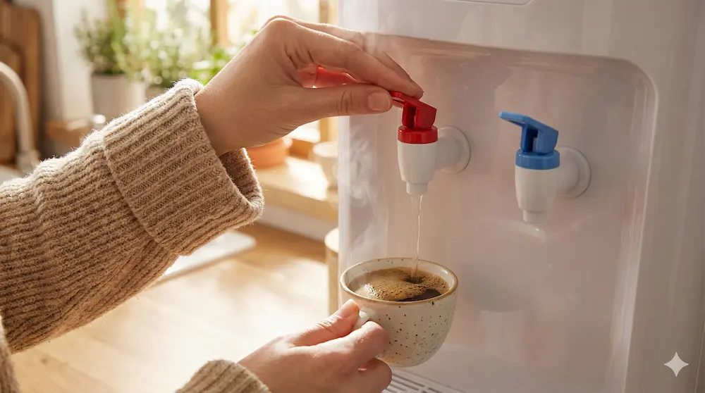 ウォーターワンの赤レバーから注いだ熱湯で、スティックコーヒーを入れる温かい朝のワンシーン。湯気が立っている。