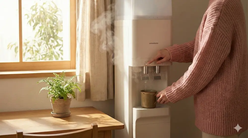朝日が入る部屋でホワイトのamadanaサーバーからカップに白湯を注ぐ、丁寧な朝の風景。