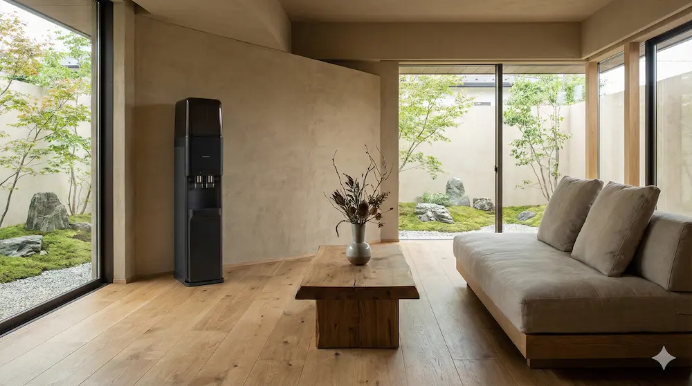 洗練された和モダンなリビングのフローリングに置かれた、家具のようなブラックのamadanaサーバー。