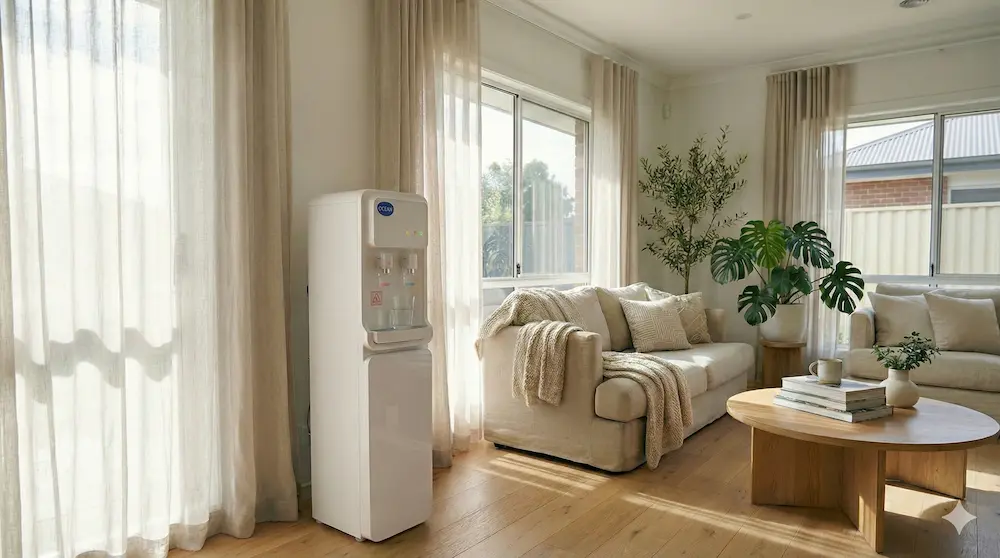 ボトル交換なしの水道直結型ウォーターサーバー「OCEAN」の白い床置きモデルが、明るいリビングに設置されている様子