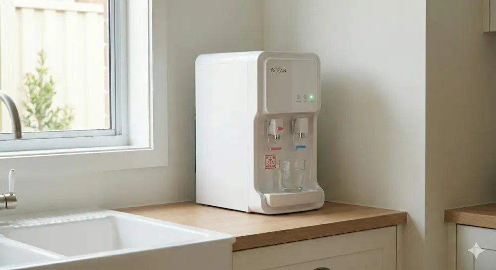 キッチンカウンターに置かれた、コンパクトな卓上型の水道直結ウォーターサーバー「OCEAN」(ホワイトモデル)
