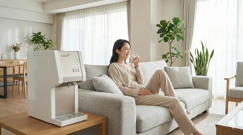 朝の明るいリビングで、ソファに座りグラスで水素水を飲む女性と、手前に置かれた水道直結水素水サーバー「バイオシス」