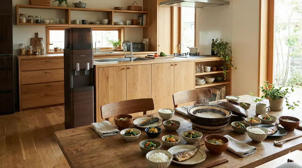 ブラウンのamadanaサーバーがあるキッチンと、天然水で炊いた土鍋ご飯が並ぶ温かな食卓。