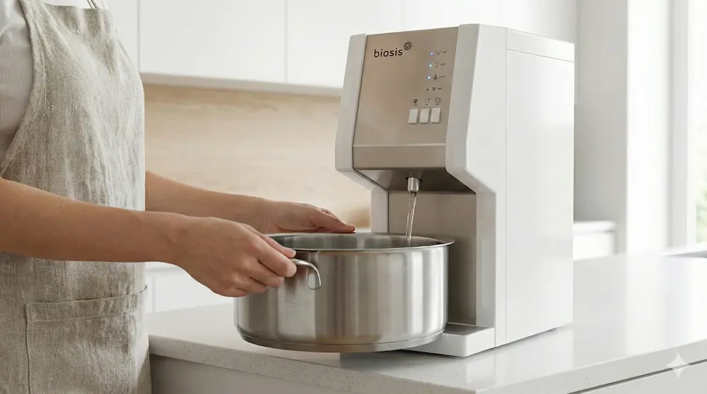 エプロン姿の女性が、キッチンで水道直結サーバー「バイオシス」から直接お鍋に水を注いで料理の準備をする手元のクローズアップ