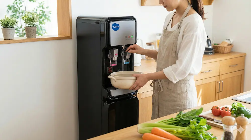 エプロンをつけた女性が、黒いデザインのOCEANウォーターサーバーから料理用の鍋に水を注いでいる様子