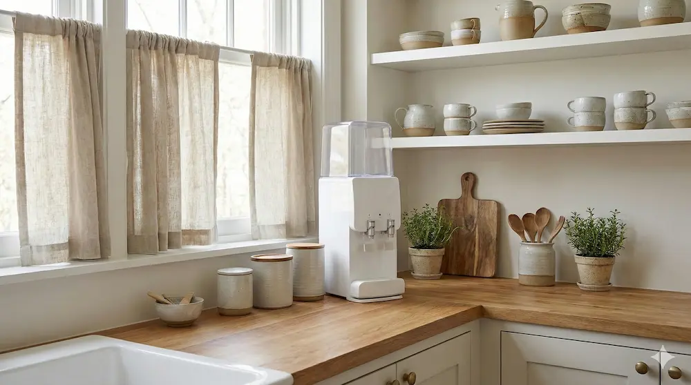 キッチンのカウンターや棚にコンパクトに収まる、日本の山水の卓上型ウォーターサーバー。