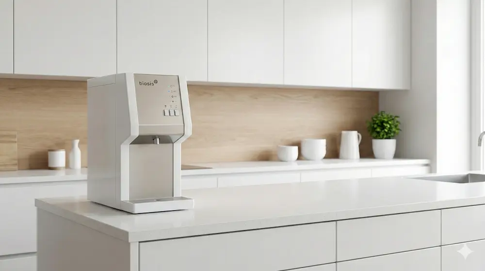 白を基調としたミニマルでモダンなキッチンカウンターに自然に馴染む、シャンパンゴールドのパネルが特徴的な水素水サーバー「バイオシス」