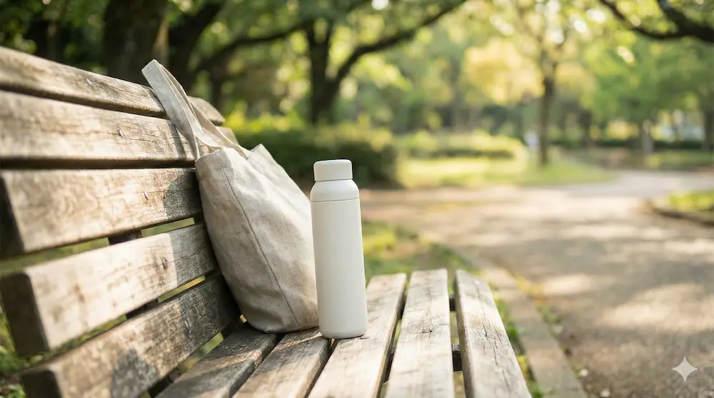 公園の木製ベンチに置かれたリネンのトートバッグとスタイリッシュなマイボトル。加熱しても水素が抜けないバイオシスの水素水を外出先でも楽しむイメージ