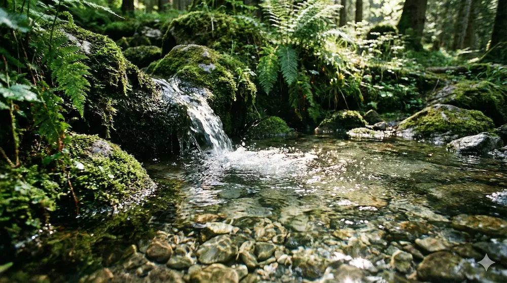 大自然の岩の間からこんこんと湧き出る清らかな湧き水。透明度が高くミネラル豊富な天然水のイメージ。