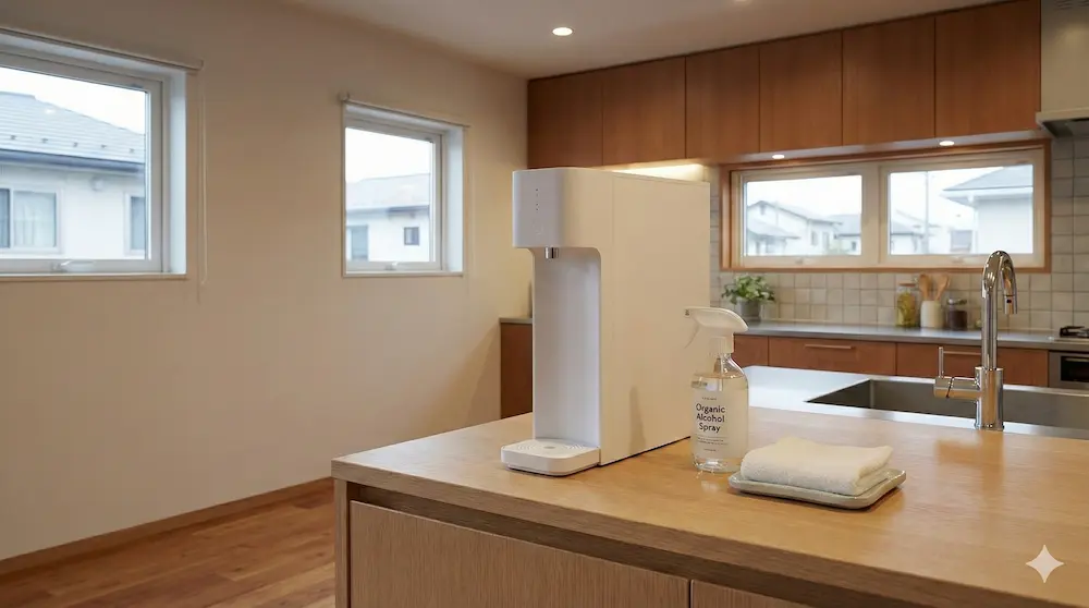 キッチンに置かれた清潔な白いウォーターサーバーと除菌スプレーと綺麗に畳まれたクロス