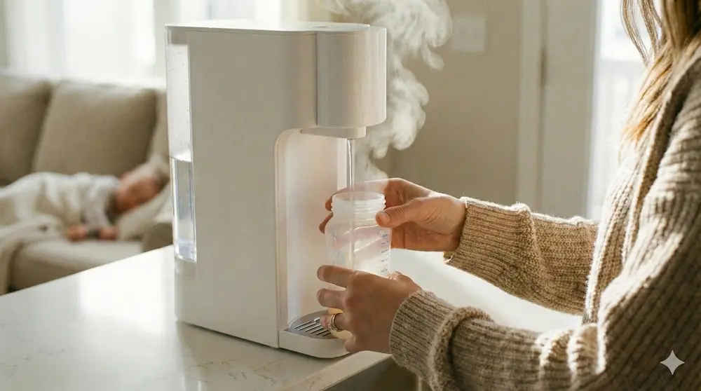 白いウォーターサーバーを使って赤ちゃんのミルクを作る母親の手元。安心・安全なRO水で育児をサポートする日常風景。